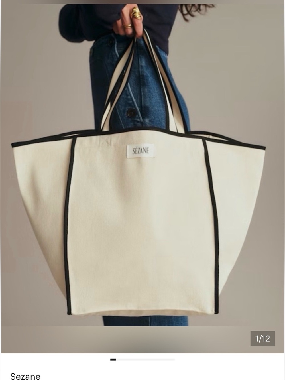 Sezane Canvas Tote Bag in Natural with Black Trim